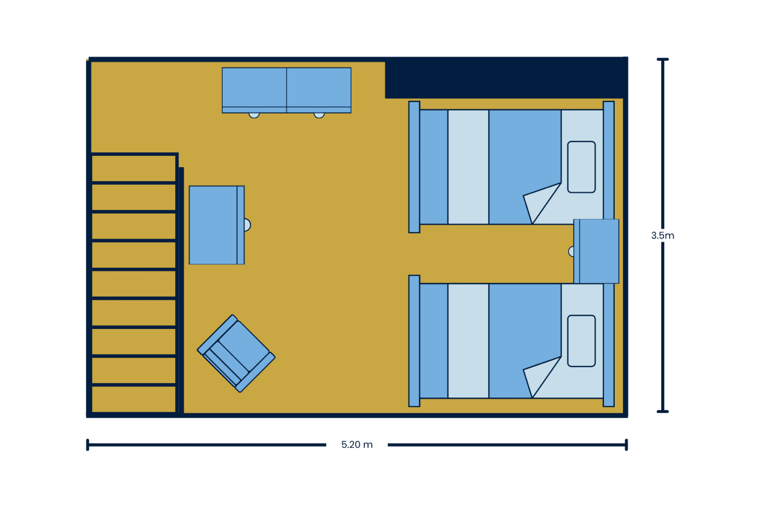Top floor twin mezzanine floor plan of Priory Gîte at Kergudon in Brittany.