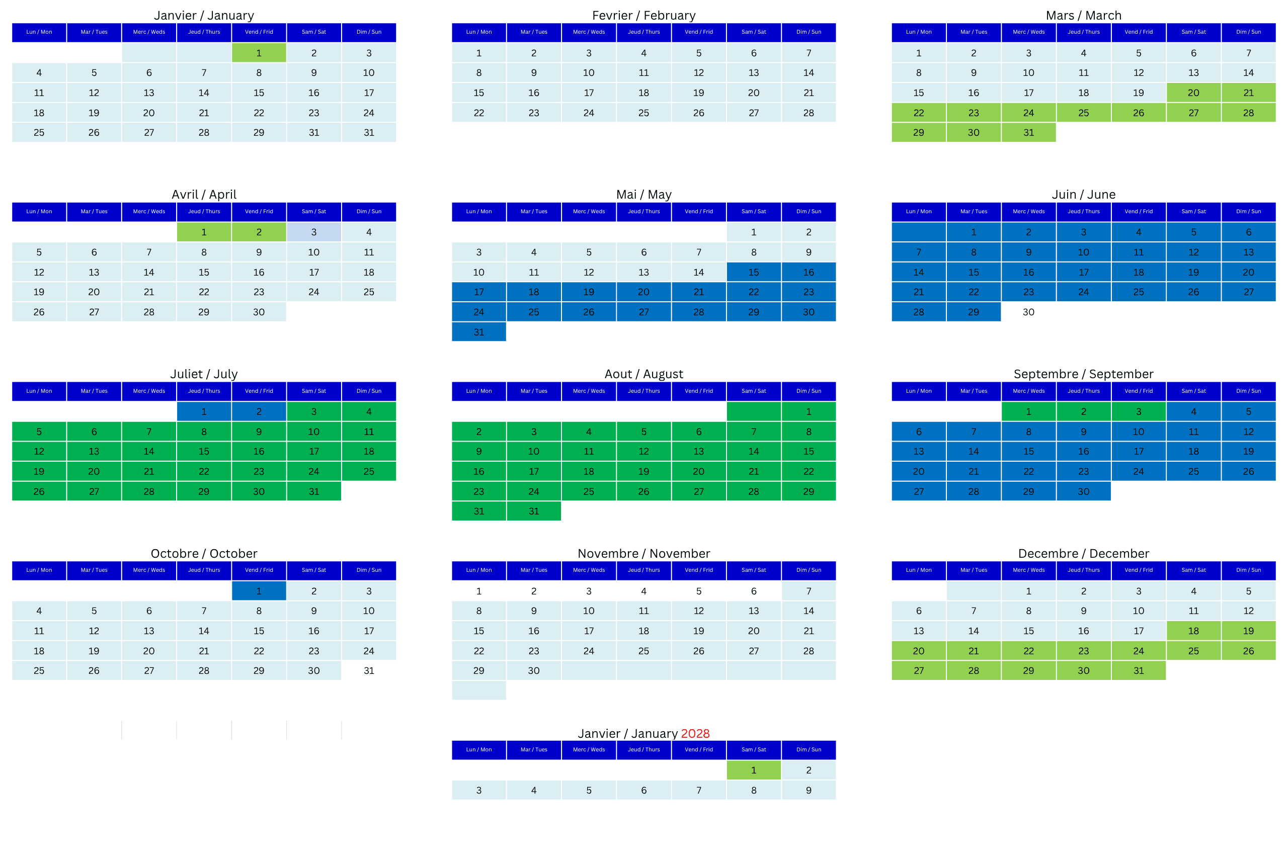 2027 Gite Season Tariff Calendar