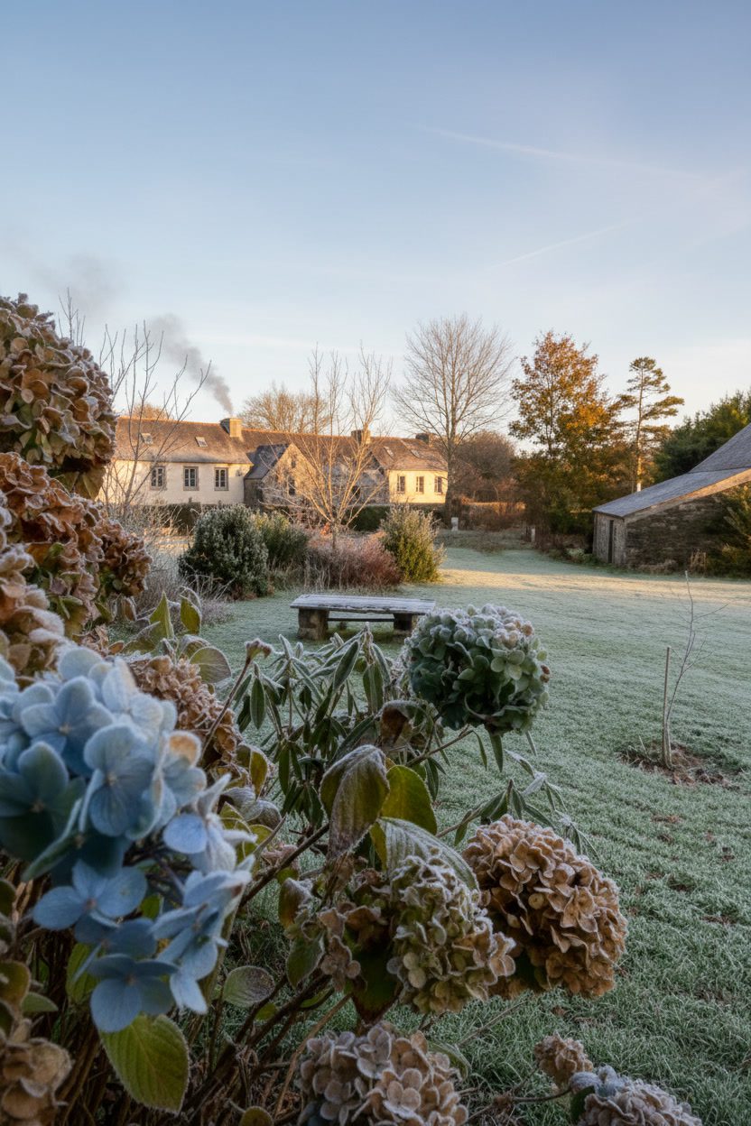 The peaceful gardens and traditional Breton cottages at Kergudon during winter in Brittany